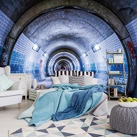 Флизелиновые фотообои с городами в интерьере 416x254 см 3D Синий авто туннель (12624VEXXXL)+клей