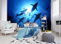 Флизелиновые фотообои море животные 416x254 см Стая китов в океане на фоне лучей солнца (12628VEXXXL) +клей