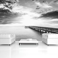 Флизелиновые фотообои Море Природа Пейзаж Мост 254x184 см 3D Черно-белое небо над пирсом (12641V4)+клей