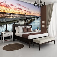 Флизелиновые фото обои 3D Закат Мост Ландшафт Природа 254x184 см Красивый вид на озеро (12651V4)+клей