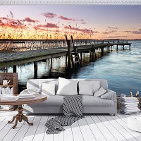 Флизелиновые фото обои 3D Закат Мост Ландшафт Природа 312x219 см Красивый вид на озеро (12651VEXXL)+клей