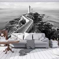 Флизелиновые 3д фотообои море 368x280 см Черно-белый маяк (12660V10) +клей