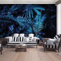 флизелиновые синие 3д фотообои на кухню 312x219 см Большие темно-зеленый листья (12664VEXXL) +клей
