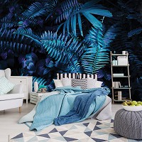 Готовые флизелиновые синие 3д фотообои 416x254 см Большие темно-зеленый листья (12664VEXXXL) +клей