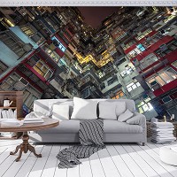 Флізелінові фотошпалери вікна в місто 254x184 см 3D Вид знизу на багатоповерхівку (12669V4)+клей - вид 5 мініатюра