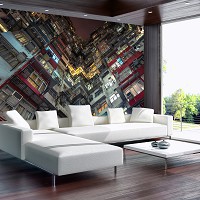 Флизелиновые фотообои окна в город 254x184 см 3D Вид снизу на многоэтажку (12669V4)+клей