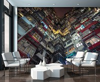 Флизелиновые фото обои окно 368x254 см Город 3D Вид снизу на многоэтажку (12669V8)+клей