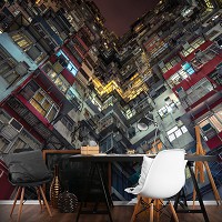 Флизелиновые фото обои в стиле город 312x219 см 3D Вид снизу на многоэтажку (12669VEXXL)+клей