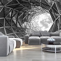 Флизелиновые черно-белые фотообои город 368x254 см 3D огромное отверстие в здании (12677V8) +клей