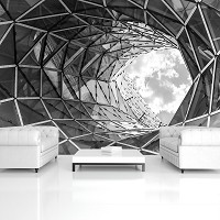 Флизелиновые черно-белые фотообои город 312x219 см 3D огромное отверстие в здании (12677VEXXL) +клей