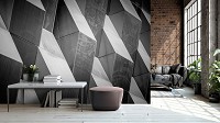 Флизелиновые фотообои скандинавский стиль Геометрия Абстракция 312x219 см Черно-белые 3Д фигуры (12678VEXXL)+клей