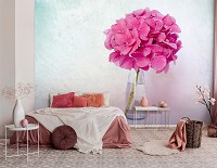 Флизелиновые 3д фотообои цветы в интерьере спальни 368x254 см Розовая гортензия на белом фоне (12692V8) +клей