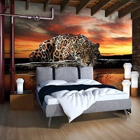 Флизелиновые фотообои природа животные Кошки Ягуар 254 x 184 см 3D Отражение леопарда в воде (126V4)+клей