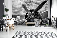Флизелиновые 3д фотообои облака 312x219 см Черно-белый самолет с пропеллером (12714VEXXL) +клей