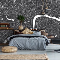 Флизелиновые черно-белые фотообои с рисунком города 368x254 см Карта Лондона (12732V8) +клей