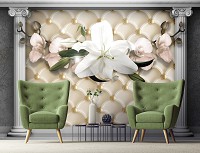 Красивые флизелиновые 3д фотообои на кухню 368x254 см Цветы на фоне стены с колоннами (12792V8) +клей