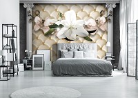 Красивые флизелиновые 3д фотообои на кухню 368x280 см Цветы на фоне стены с колоннами (12792V10) +клей