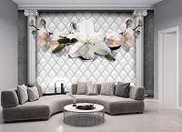 Флизелиновые 3д фотообои на кухню 312x219 см Цветы на фоне белой стены с колоннами (12793VEXXL) +клей