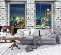 Флизелиновые 3д фотообои кирпичная стена 416x254 см Вид из окна на ночной город (12983VEXXXL) +клей