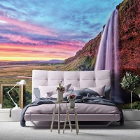 Флизелиновые 3д фотообои горы пейзаж природа 368x280 см Красивый водопад на закате (12984V10) +клей