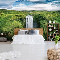 3d флизелиновые фотообои 368x254 см Зеленый водопад Скоугафосс в Исландии (12985V8) +клей