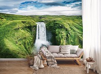 Флизелиновые фотообои природа пейзаж 416x254 см 3D Зеленый водопад Скоугафосс в Исландии (12985VEXXXL) +клей