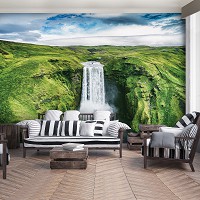 Флизелиновые фотообои в интерьере 460x300 см 3D Зеленый водопад Скоугафосс в Исландии (12985V12) +клей