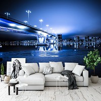 Флізелінові сині 3д фотошпалери для кухні 416x254 см Міст нічного міста що світиться (12991VEXXXL) +клей