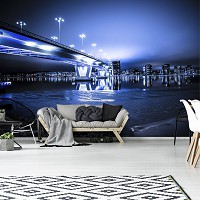 Флізелінові сині 3д фотошпалери в інтер'єрі 368x254 см Міст нічного міста що світиться (12991V8) +клей