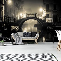 Флизелиновые фотообои с городом на стену Канал в Венеции ночью Черно-белый мост (12992V)+клей