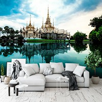 Флизелиновые фотообои с облачками 3D Буддийский храм в Таиланде Пейзаж Дворец Природа на воде (12994V)+клей