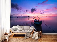 Флизелиновые 3д фотообои для кухни море 312x219 см Лодка на закате (12995VEXXL) +клей
