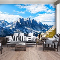 Флизелиновые 3d фото обои Горы пейзаж Снег Луг 368x254 см Природный парк Пуэц-Гейслер (12997V8)+клей