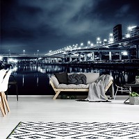 Река флизелиновые фотообои Мост Здания Темный город ночью (12999V)+клей