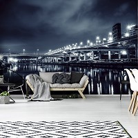 Флізелінові фотошпалери Міст Річка Будинки 254x184 см Темне місто вночі (12999V4)+клей