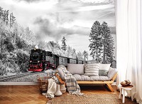 Лес флизелиновые фотообои 3D 312 x 219 см Транспорт Поезд Черно-Белый Паровоз  (13010VEXXL)+клей