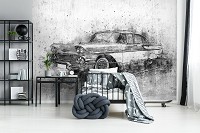 Флізелінові фотошпалери на стіну Транспорт Авто Ретро Бетон 254x184 см Старий чорно-білий автомобіль (13013V4)+клей - вид 7 мініатюра