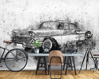 Флизелиновые фотообои на стену Транспорт Авто Ретро Бетон 254x184 см Старый черно-белый автомобиль (13013V4)+клей