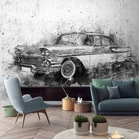 Флизелиновые авто фото обои Транспорт Ретро Бетон 368x254 см Старый черно-белый автомобиль (13013V8)+клей