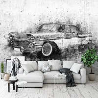 Флизелиновые фотообои Машина Транспорт Авто Ретро Бетон 312x219 см Старый черно-белый автомобиль (13013VEXXL)+клей