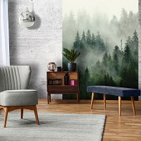 Флизелиновые фотообои зеленый лес в интерьере 3D Пейзаже 184 x 254 см Природа - туман (13026V4A)+клей