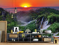 3D Флизелиновые фото обои лес на стену Джунгли Амазонка 368x254 см Природа Водопад под красочным закатом (13055V8)+клей