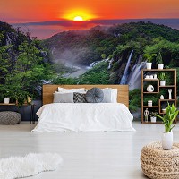 3D пейзаж флизелиновые фотообои Ландшафт Джунгли 416x290см Природа Водопад под красочным закатом (13055VEXXXXL+клей