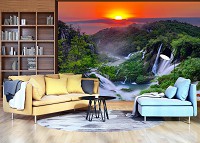 Флизелиновые фотообои 3D Ландшафт Закат Амазонка Джунгли Природа - Водопад под красочным закатом (13055V)+клей