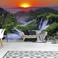 3D флизелиновые фотообои Лес Ландшафт Амазонка 368 x 280 см Природа - Водопад под красочным закатом (13055V10)+клей