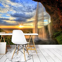 Флізелінові 3D фотошпалери Природа Краєвид Норвегія 254х184 см Водоспад і схід сонця (13056V4)+клей
