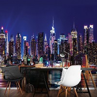 Красивые флизелиновые фотообои города Мегаполис Небоскребы Панорама 368x254 см Причал Нью-Йорка ночью (1310V8)+клей