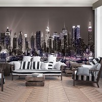 Флизелиновые фотообои Метрополис Небоскребы Река 416x254 см Город Нью-Йорк ночью в сепии (1311VEXXXL)+клей