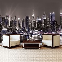 Флизелиновые фотообои Метрополис Небоскребы Река 254x184 см Город Нью-Йорк ночью в сепии (1311V4)+клей