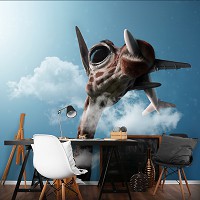 Флізелінові фотошпалери 3D Тварини - Жираф спіймав літак (13158V)+клей